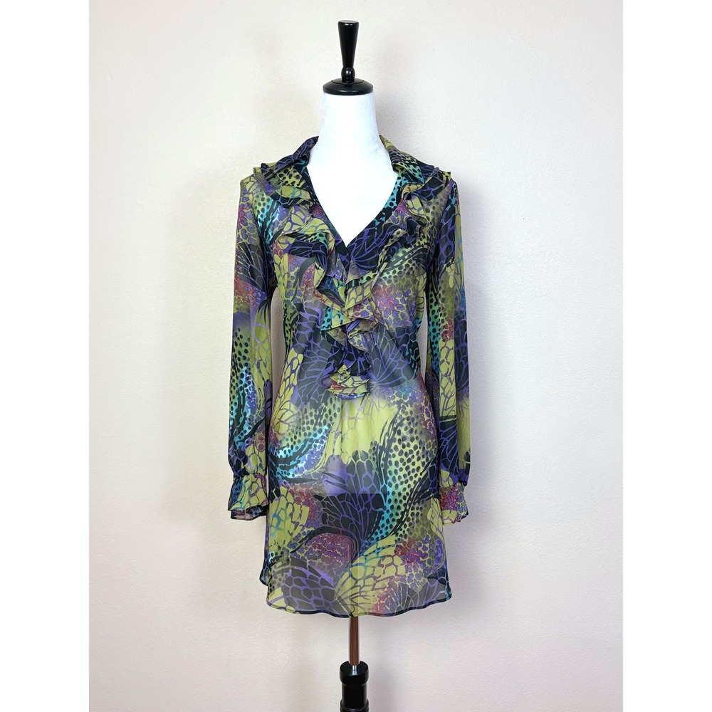 Y2K Sheer Butterfly Ruffle Ballon Long  Sleeve Mini Dress Size Medium Artsy Chic
